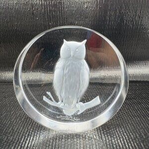 Val Saint Lambert Intaglio‎ Perched Owl Glass Paperweight Signed Clear Crystal